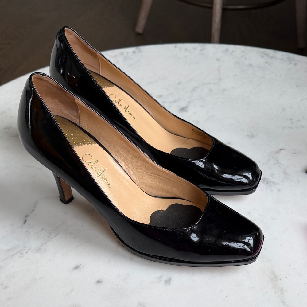 Cole Haan Black Patent Leather Mid Heel Pumps